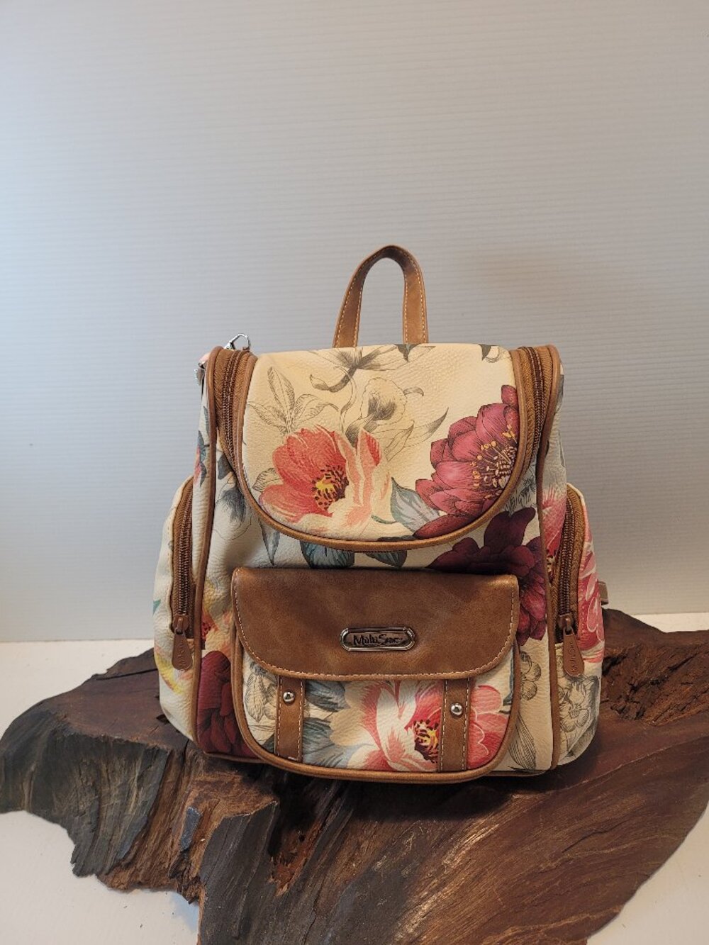 Multisac Floral Beige Backpack w Replacement pull on top